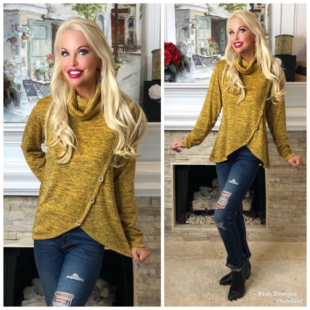 ❤️LAST 1! Mustard Cowl Neck Top with Button Detail - Picture 5 of 6